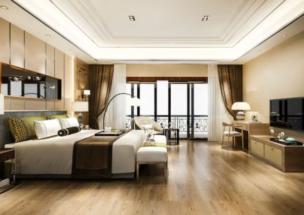 Kamar dengan meja kerja mewah dan nyaman